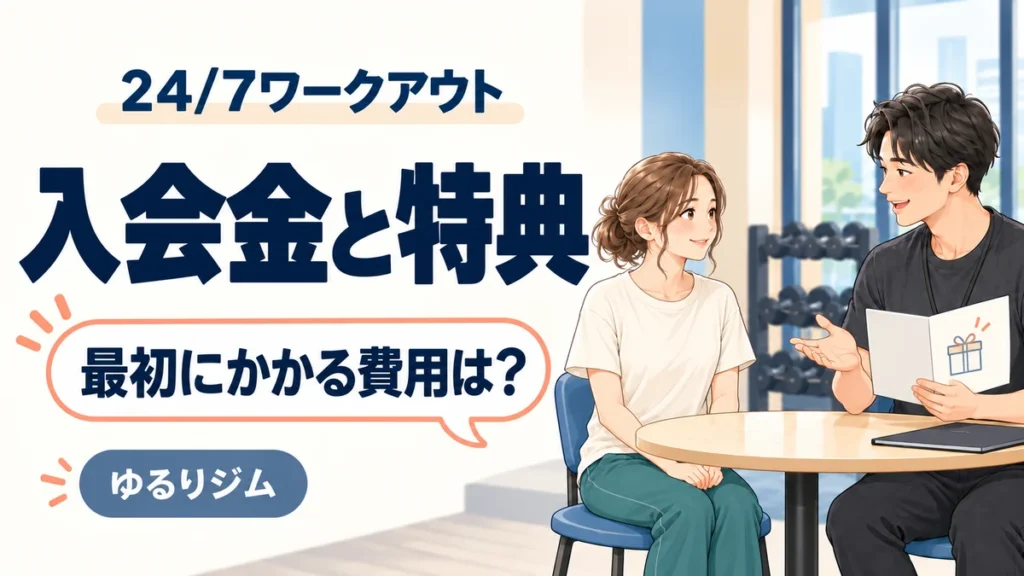 24/7ワークアウトの入会金と特典について説明を聞く女性のイラスト