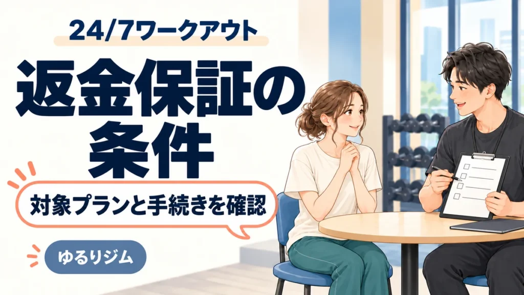 24/7ワークアウトの返金保証の対象プランと手続きを確認するイラスト