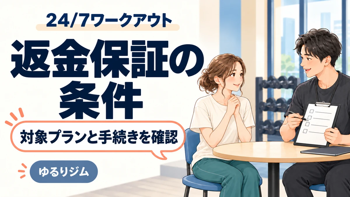 24/7ワークアウトの返金保証の対象プランと手続きを確認するイラスト