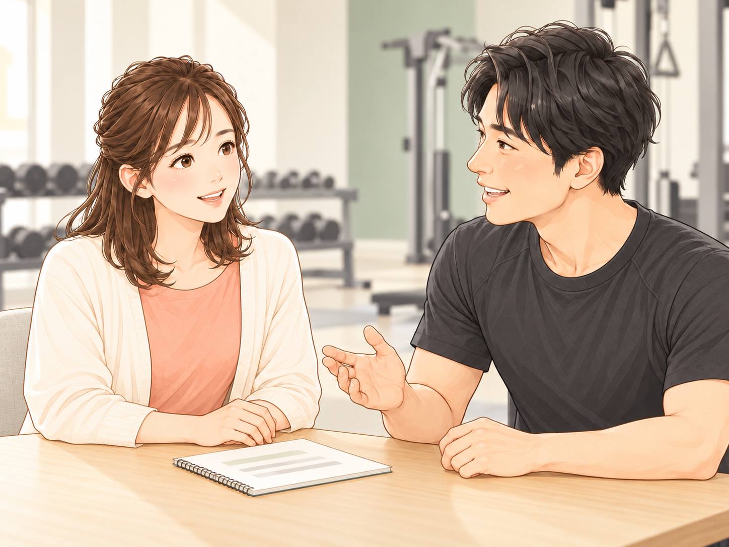 ジムで女性とトレーナーが同じ目線で話すイラスト