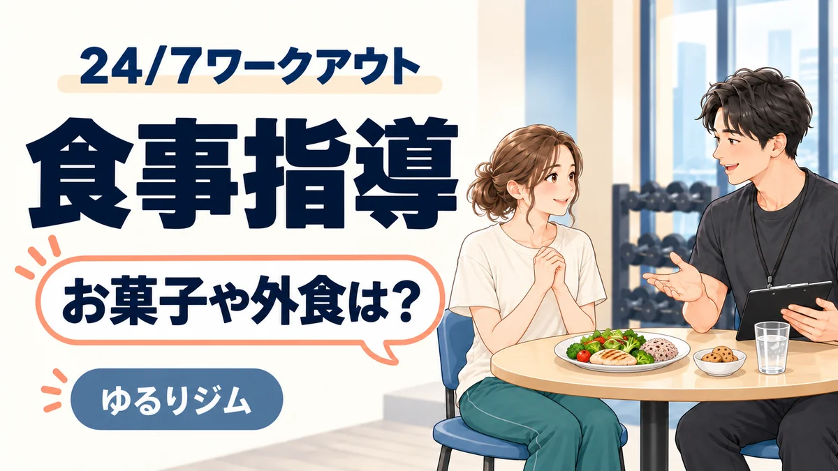 24/7ワークアウトの食事指導でお菓子や外食について相談する女性とトレーナーのイラスト